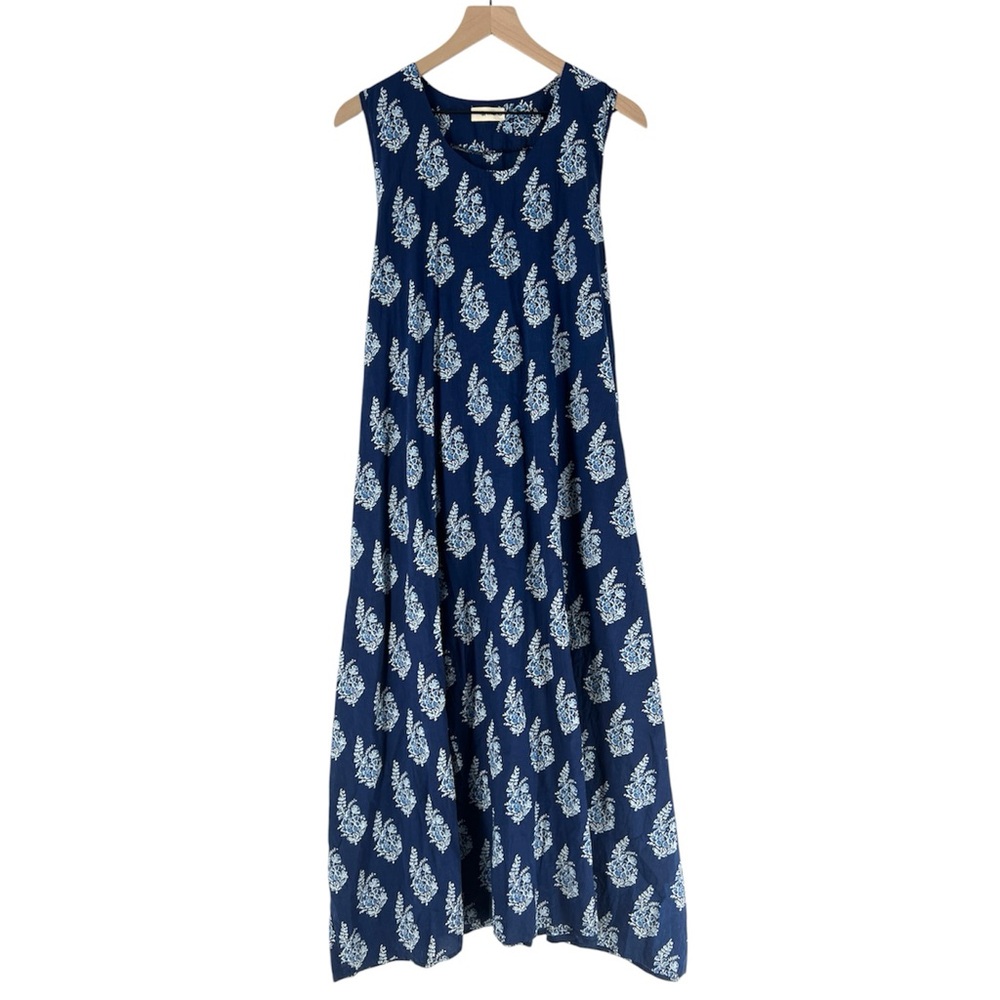 MANA Blue Floral Print Cotton Sleeveless Tie Waist Midi‎ Dress Size S